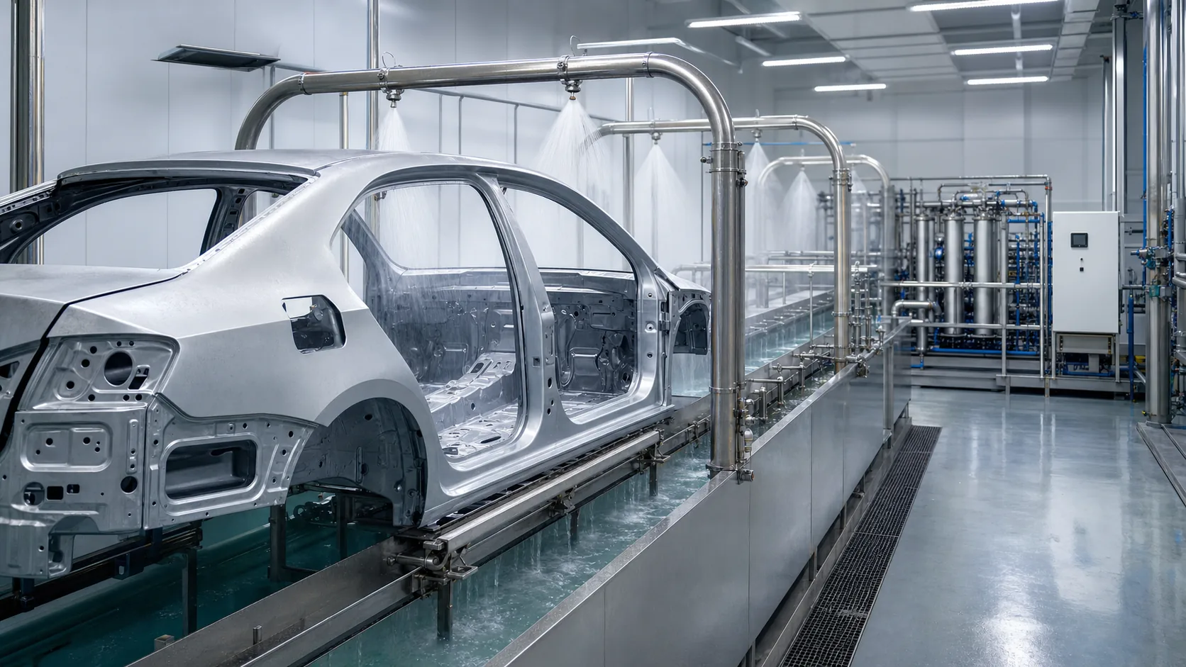 Carrocería en una línea de enjuague automotriz alimentada con agua desmineralizada